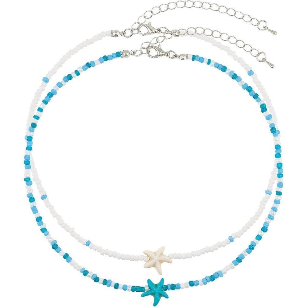 Bohemian Beaded Necklace for Women Layered Choker with Blue Starfish Pendant